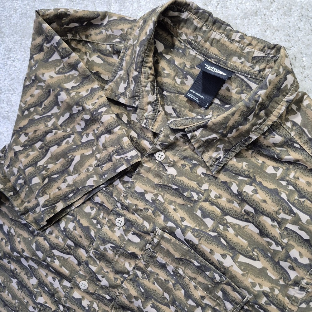 North Face Shirt Men Large Camo Fish Print AOP Button Up Outdoor Fishing Camp